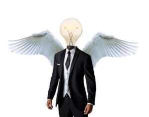 Concept image of a businessman with a light bulb for a head and angel wings, representing an angel investor