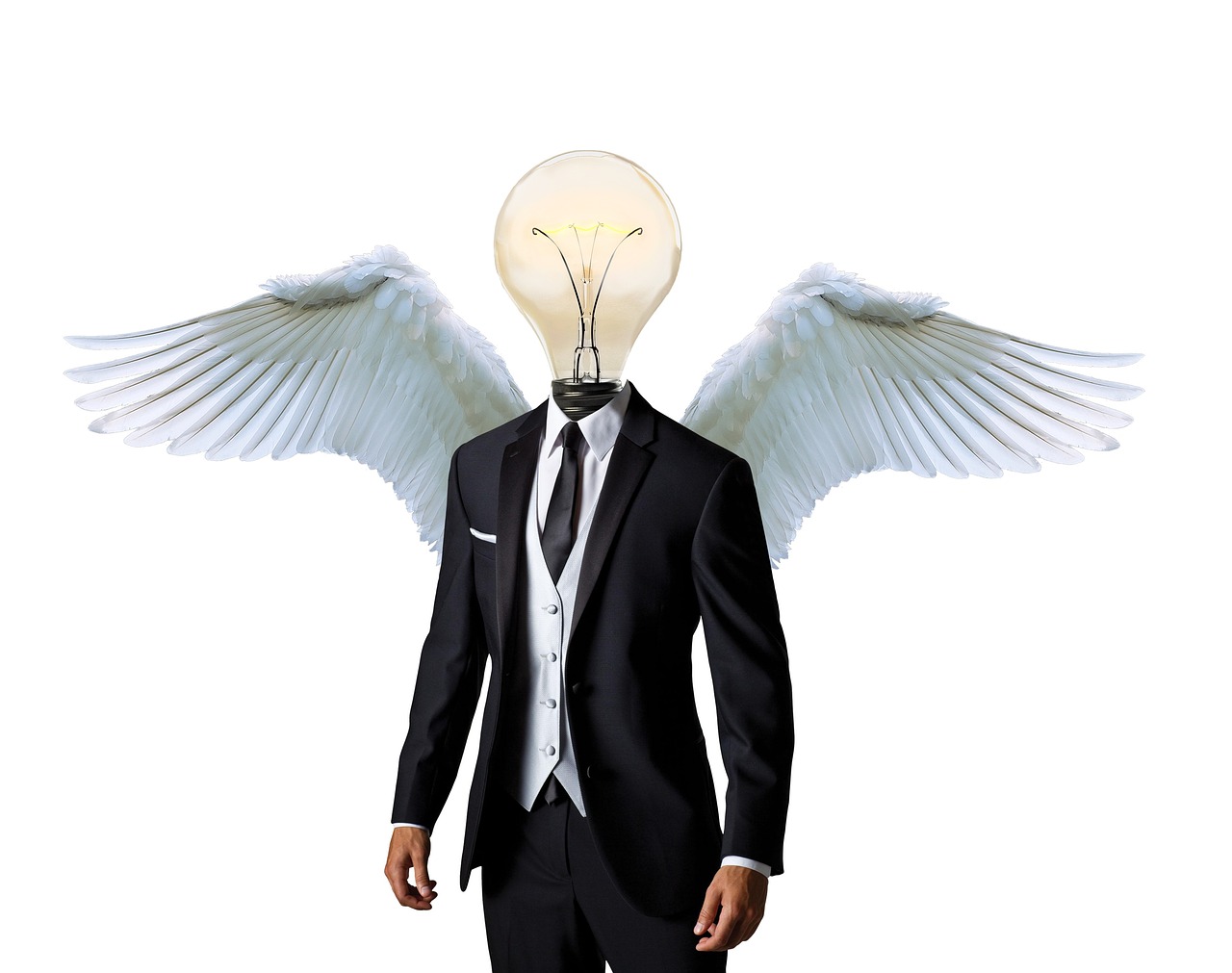 Concept image of a businessman with a light bulb for a head and angel wings, representing an angel investor